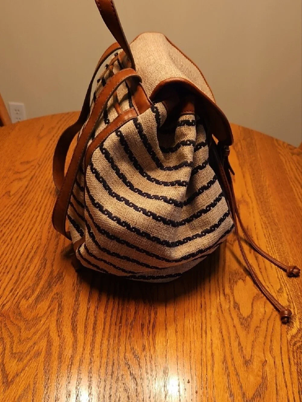 Lucky Brand Kendal Striped Canvas & Brown Leather Drawstring Backpack